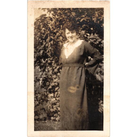Vintage Photo of Woman Outdoors Early 1900s Dress Antique Sepia Snapshot - Picture 1 of 2